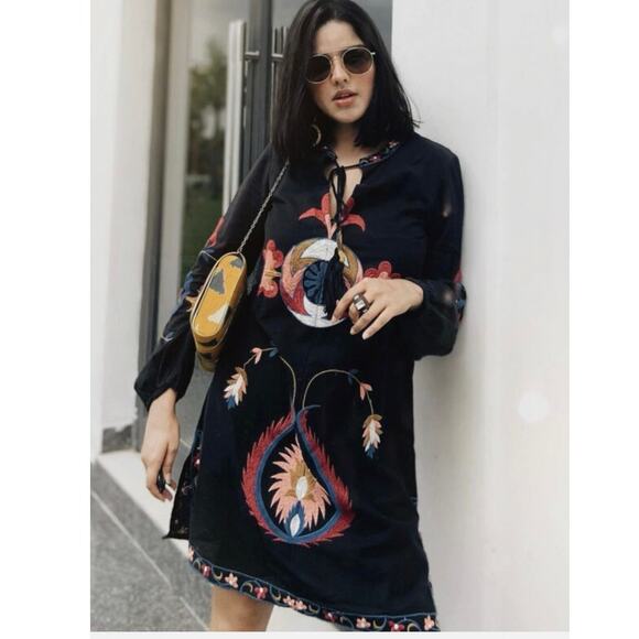 Zara Embroidered Flora Linen Blend Black Shift Dress size S - Picture 12 of 12